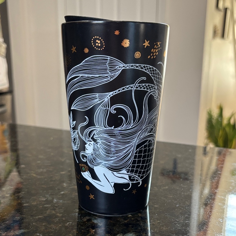 Starbucks Black Tumbler with White Logo and Gold Accents